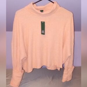 New Crop Top in Peach, Scalloped Neck & Extra Long Cuffed Sleeves - Brand New